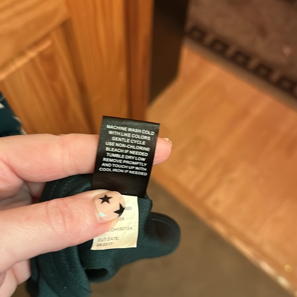 Green floral, stretchy empire waist, versatile neckline, knee length dress. - Picture 6 of 6